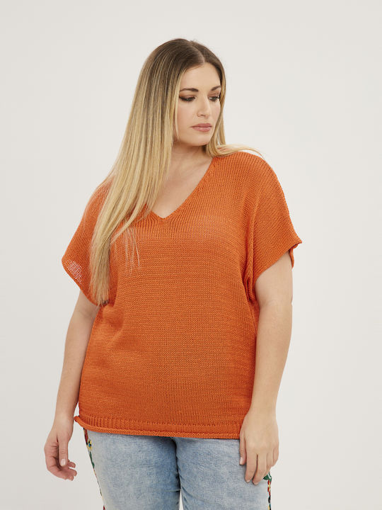 Mat Fashion Women's Sweater with V Neckline Orange