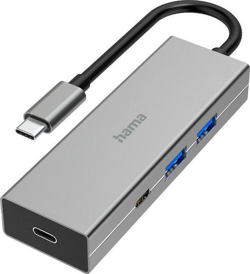 HAMA USB-Hub 4 Anschlüsse USB 3.2 mit USB-C Verbindung Grau