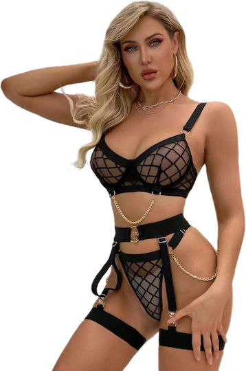 Pretty Lingerie Sexy Σετ Εσωρούχων με Διαφάνεια & Ζαρτιέρες Μαύρο