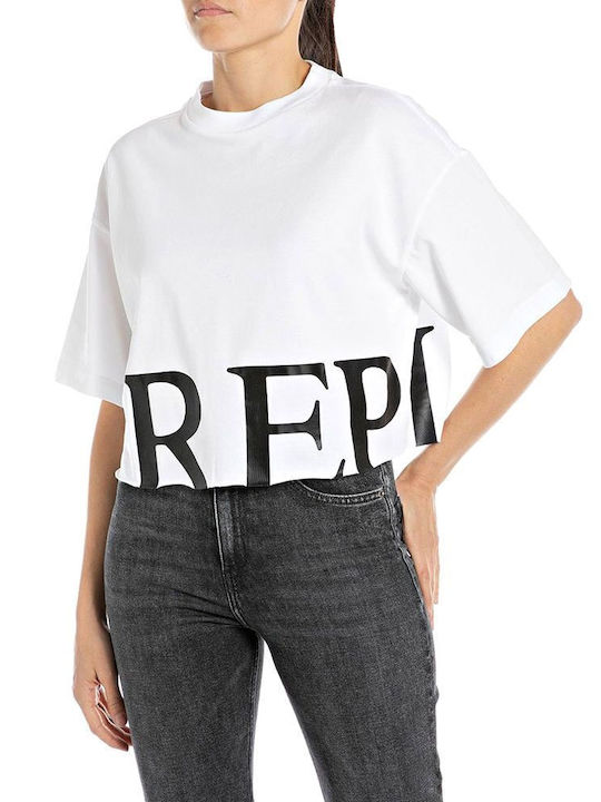 Replay Damen Crop T-Shirt Weiß