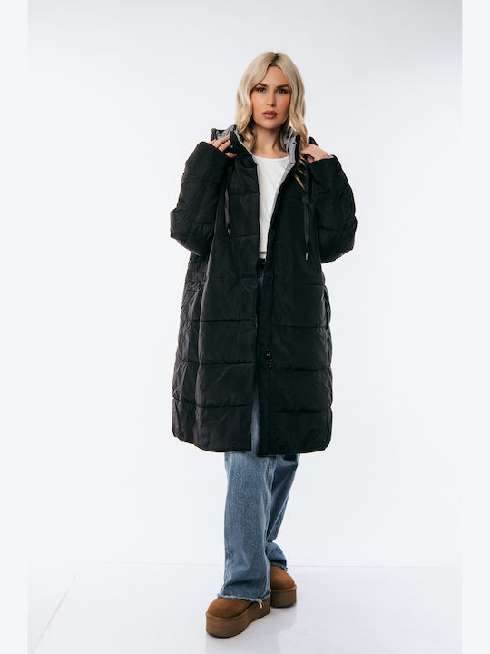 Dress Up Women's Long Puffer Jacket Double Sided for Winter with Hood Black