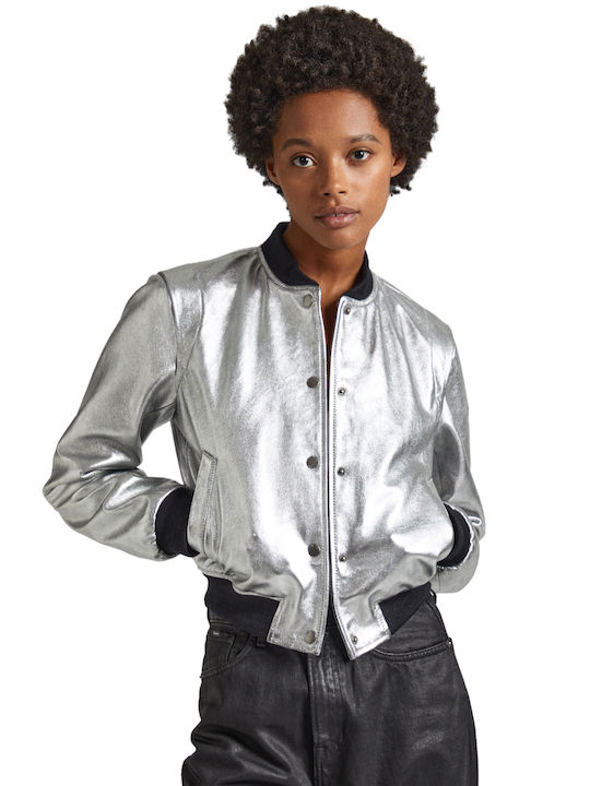 Pepe Jeans Women's Short Lifestyle Leather Jacket for Spring or Autumn Silver Grey