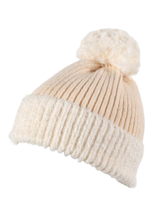 Achilleas Accessories Pom Pom Beanie Unisex Beanie Gestrickt in Beige Farbe