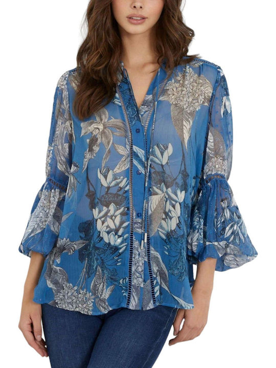 Guess Summer Tunic Long Sleeve Floral Blue