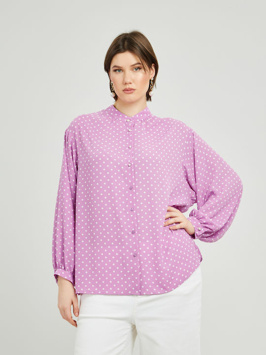 Mat Fashion Mânecă lungă Femei Cămașă Violet Polka Dot