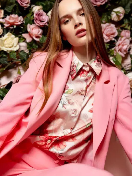 Desiree Μακρυμάνικο Γυναικείο Σατέν Πουκάμισο Ροζ Floral