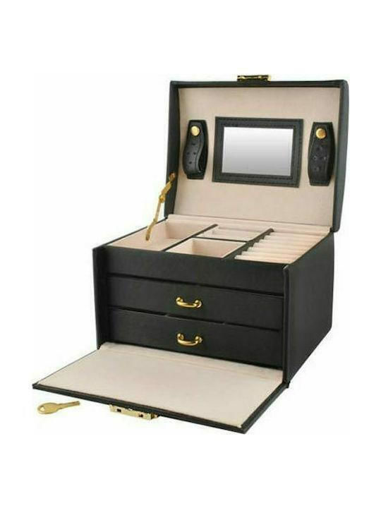 Jewellery Box from Faux Leather with Drawer and Mirror Black 17x14x13cm
