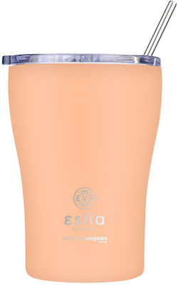Estia Coffee Mug Save The Aegean Glas Thermosflasche Rostfreier Stahl BPA-frei PEACH FUZZ 350ml mit Stroh