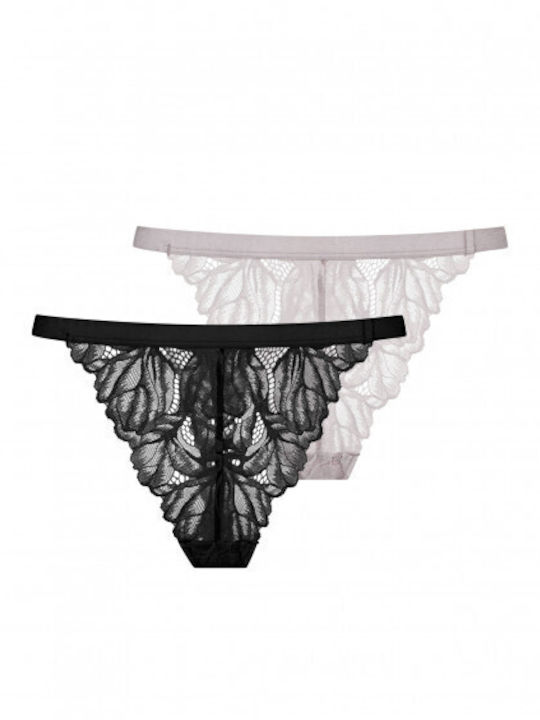 Γυναικεία String 2Pack με Δαντέλα Black/Lilac