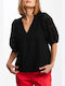 Gant Women's Summer Blouse Cotton with 3/4 Sleeve & V Neckline Black 4311182-005