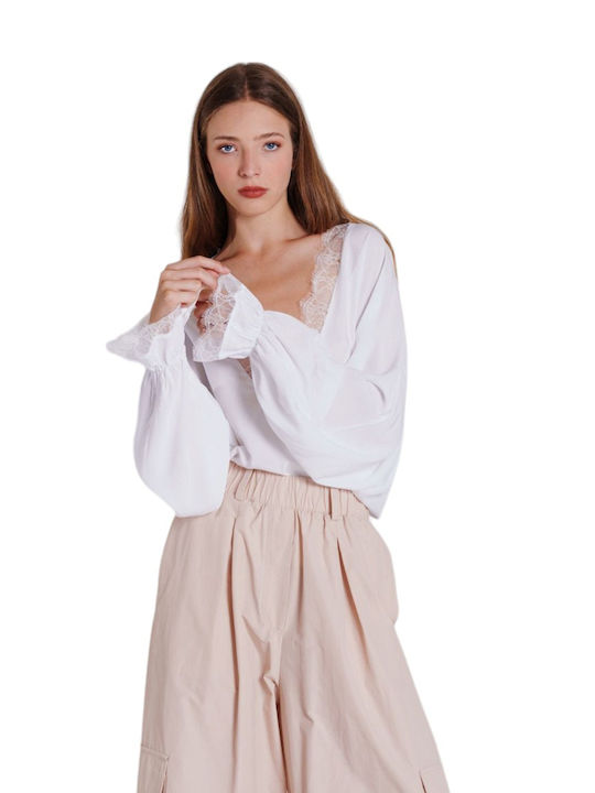 Women's Summer Blouse Long Sleeve with V Neckline White