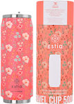 Estia Travel Cup Save the Aegean Recyclable Glass Thermos Stainless Steel BPA Free Bouquet Coral 500ml with Straw