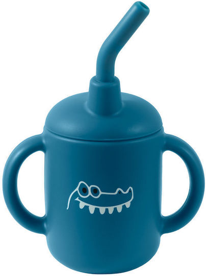 Queen Mother Toddler Cup with Handles and Straw Crocodile Silicone Blue 160ml for 6m+