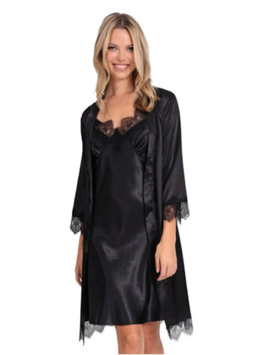 Lingerie Boutique Winter Damen Satin Robe mit Nachthemd Schwarz