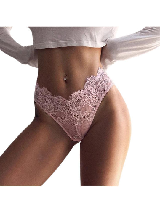 Chicret Γυναικείο String με Δαντέλα Ροζ