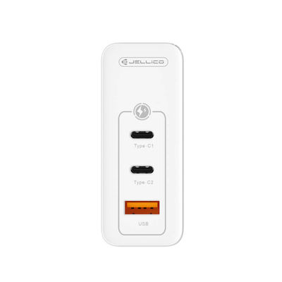 Jellico Încărcător Fără Cablu GaN cu Port USB-A și 2 Porturi USB-C 100W Livrarea energiei / Încărcare rapidă 3.0 Albς (C118)