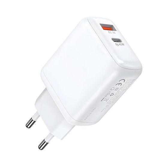 Leewello Încărcător Fără Cablu cu Port USB-A și Port USB-C 45W Livrarea energiei Albς (Lw-162)