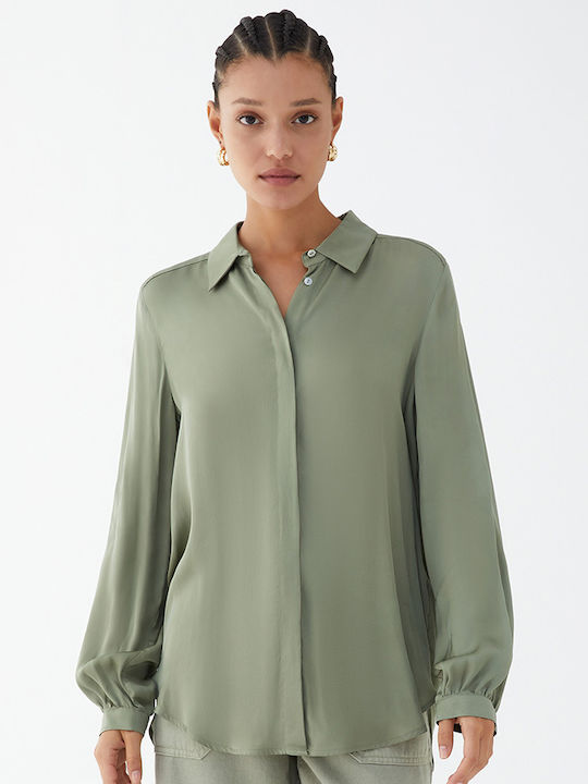 IBlues Women's Satin Long Sleeve Shirt Khaki