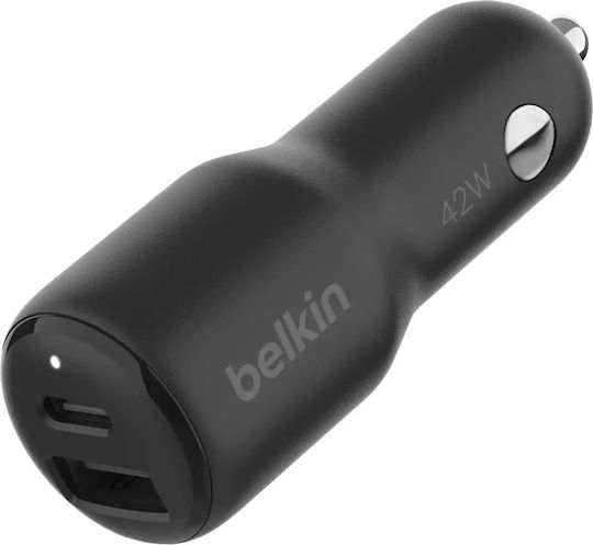 Belkin Φορτιστής Αυτοκινήτου 42W Γρήγορης Φόρτισης με Θύρες: 1xUSB 1xType-C Μαύρος