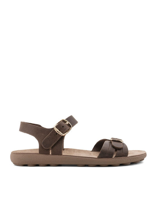 Lorena Leather Women's Flat Sandals Anatomic with Strap in Brown Color