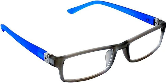 Lesebrille mit flexiblen elastischen Gelenken, Arme öffnen sich bis zu 180 Grad, Grau mit Blau +4,00