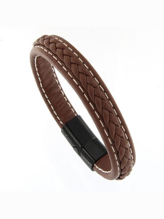 Men's Stainless Steel Bracelet in Brown Tan Leather with White Stitches.