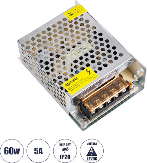 GloboStar Ρυθμιζόμενο Dimmable Τροφοδοτικό LED IP20 Ισχύος 60W με Τάση Εξόδου 12V