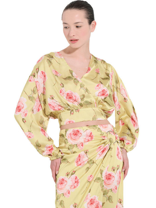 Matis Fashion Women's Summer Crop Top Long Sleeve Floral Green