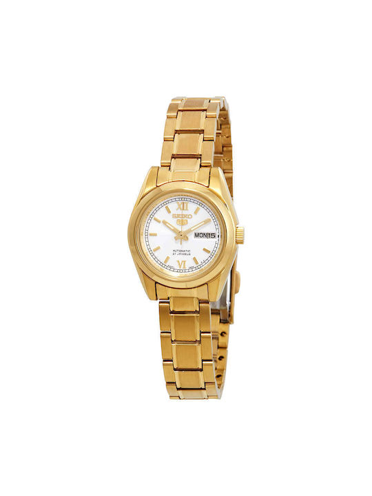 Seiko Series 5 Γυναικείο Ρολόι 30mm Αυτόματο με Λευκό Μεταλλικό Μπρασελέ