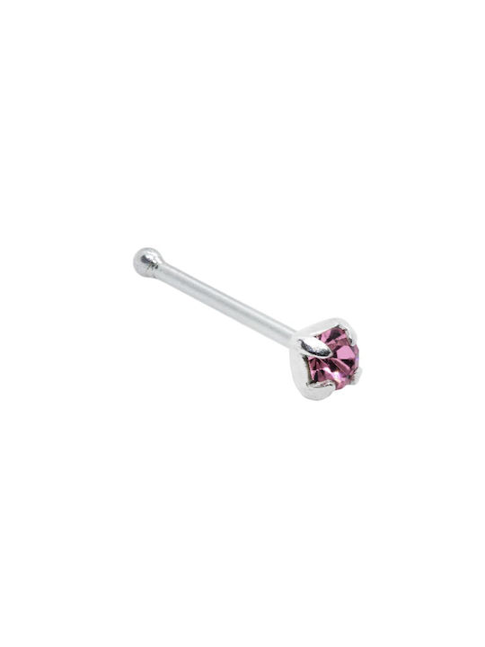 Nose Earring in 925 Silver with Bead and Pink Zircon Crystal