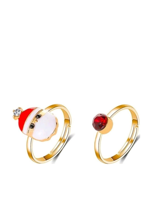 Handmade Gold Metal Open Christmas Santa Claus and Red Rhinestone 2-Piece Ring Set, 2cm Diameter (tatu Moyo)