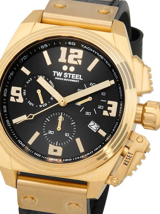TW Steel Ανδρικό Ρολόι Χρονογράφος Μπαταρίας με Μαύρο / Μαύρο Δερμάτινο Λουράκι