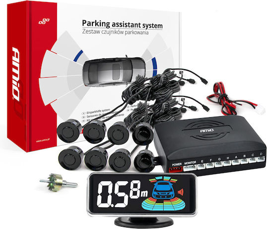 AMiO Car Parking System Back with Screen / Buzzer and 8 Sensors 21.5mm in Black Color