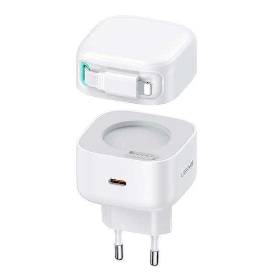 Usams Φορτιστής GaN με Θύρα USB-C και Καλώδιο Lightning 35W Power Delivery Λευκός (CC209TC02)
