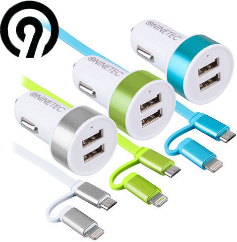 Ninetec Auto-Ladegerät 15W 2.4A mit Anschlüssen: 2xUSB mit Kabel Blitzschlag / Mikro-USB Blau Farbe