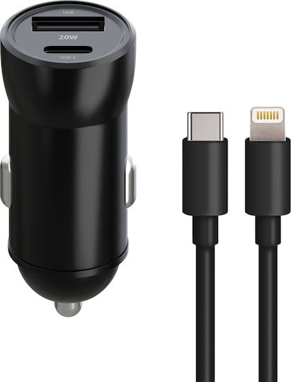 Maxlife Încărcător Auto 20W Cu Porturi 1xUSB-A 1xType-C Cu Cablu Lightning Culoare Neagră