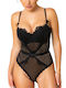 Lingerie Spaghetti Strap Bodysuit with Mesh & Lace Black