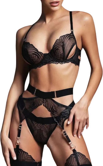 Oneila Sheer Lingerie Set with Underwire, Deep Wavy Bust with Side Cut-outs, Garters, Stockings & Thong