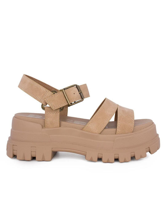 Buffalo Synthetic Leather Sporty Women's Sandals Beige