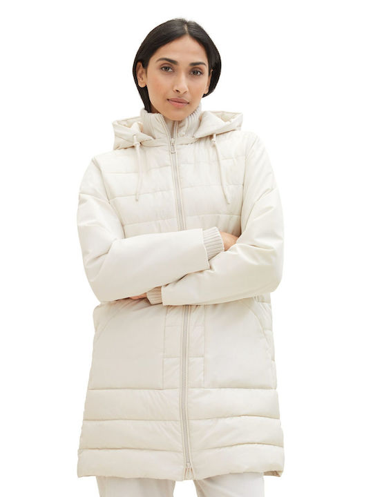 Tom Tailor Women's Short Puffer Jacket for Winter with Hood Beige