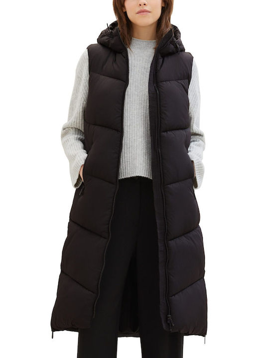 Tom Tailor Women's Long Puffer Jacket for Winter with Hood Black