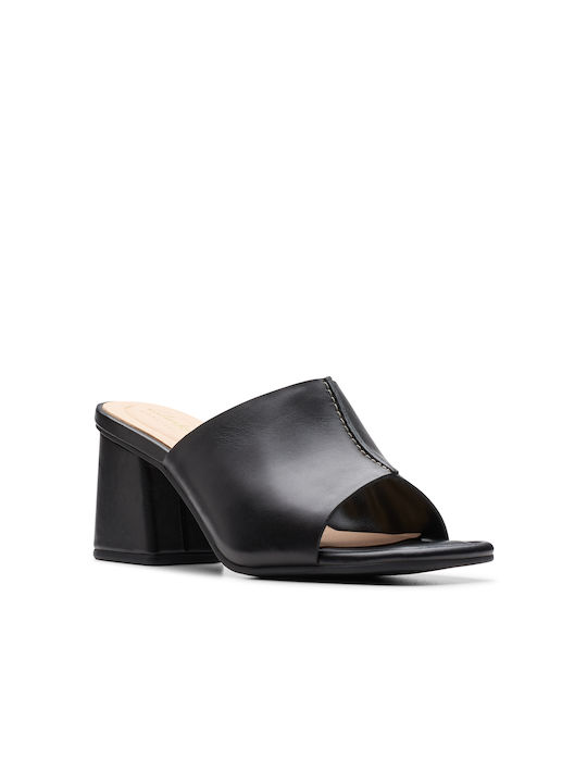 Clarks Chunky Heel Leather Mules Black