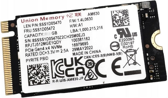 Lenovo Union Memory AM630 SSD 256GB τύπου M.2 με σύνδεση PCI Express 4.0 5SS0W79505_3M