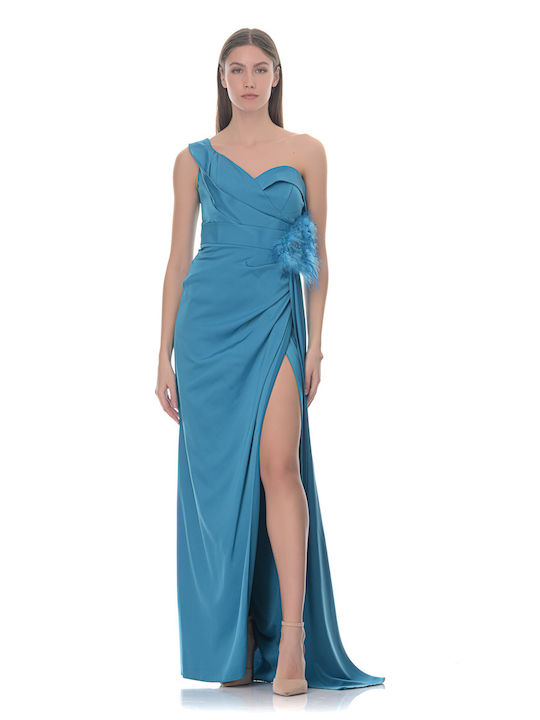 Farmaki Maxi Φόρεμα Σατέν με Σκίσιμο Μπλε
