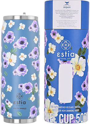 Estia Travel Cup Save the Aegean Sticlă Termos Oțel inoxidabil Fără BPA Garden Blue 500ml cu Paie