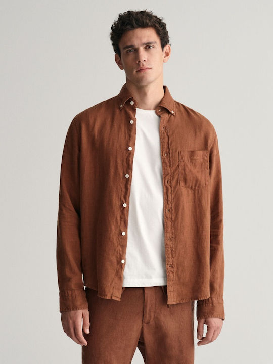 Gant Long-sleeved Linen Shirt Brown