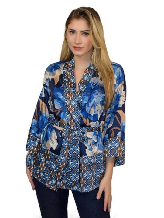 Morena Spain Damen Sommer Bluse Satin Langärmelig Blue