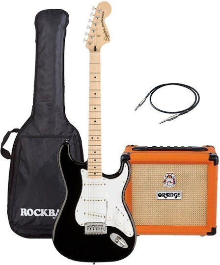 Squier Affinity Strat Mn Bk Electric Guitar With Case, Orange Crush 12 Amplifier And Premium Cable Bundle Ii