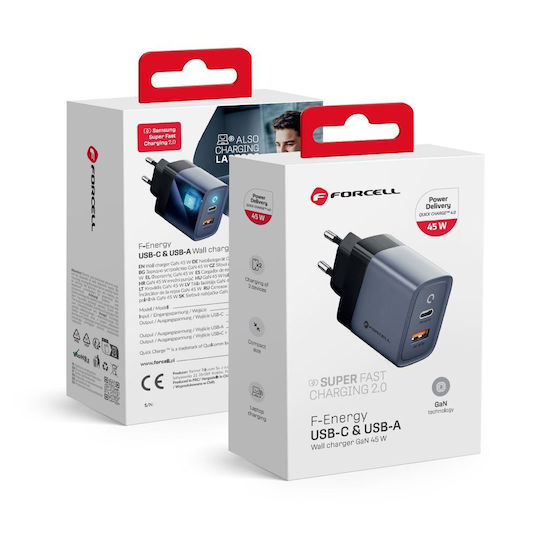 Forcell Ladegerät ohne Kabel GaN mit USB-A Anschluss und USB-C Anschluss 45W Stromlieferung / Schnellaufladung 4.0 Gray