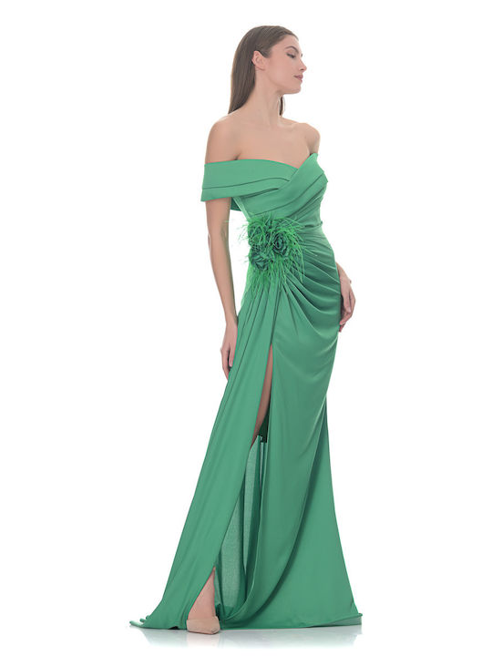 Farmaki Maxi Φόρεμα Σατέν με Σκίσιμο Πράσινο